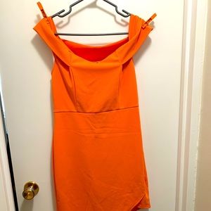 Peach off the shoulder boat neck dress